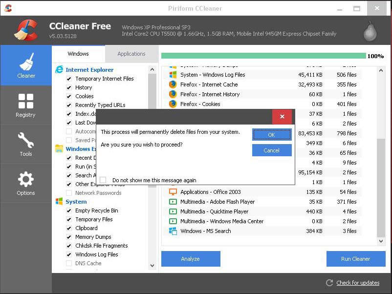 CCleaner - Run Cleaner Pop Up Screen